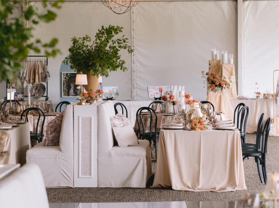 table chair rental Houston reception setup with round tables and banquet seating