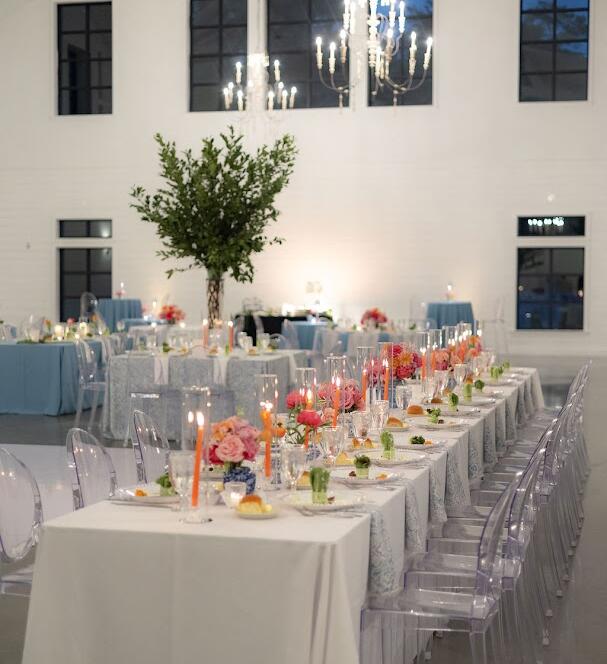 linen rental cost Houston white floor-length linens on long head table