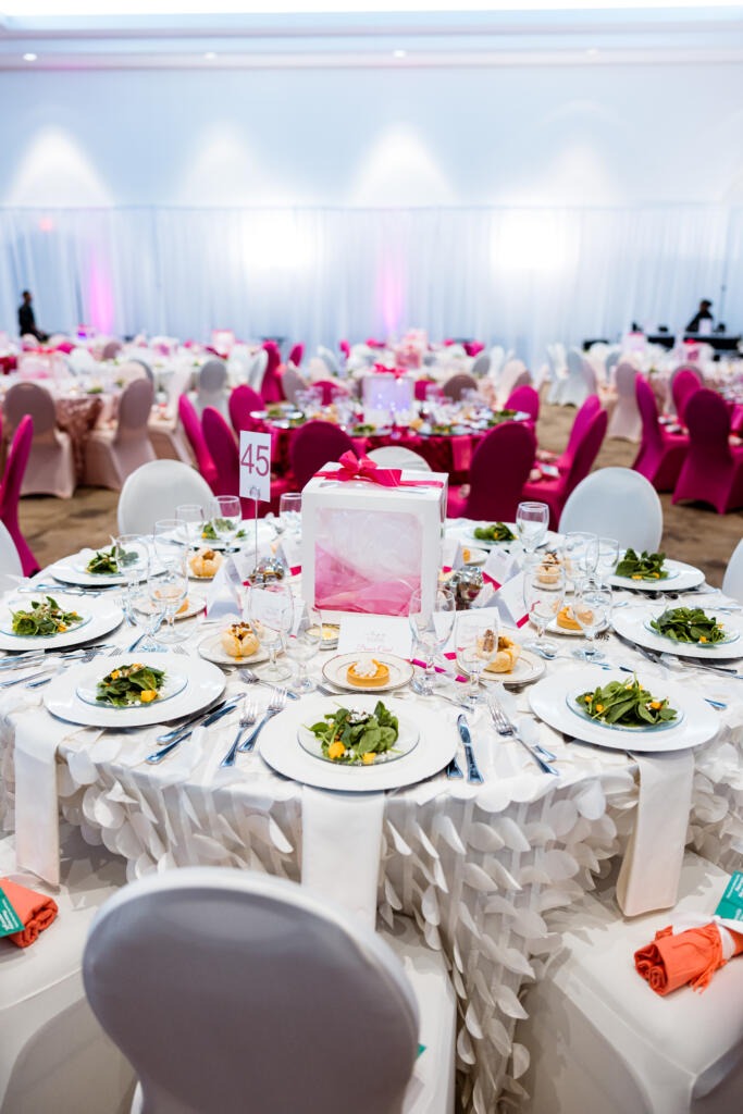 high end corporate events in Houston pink luncheon décor with elegant table settings