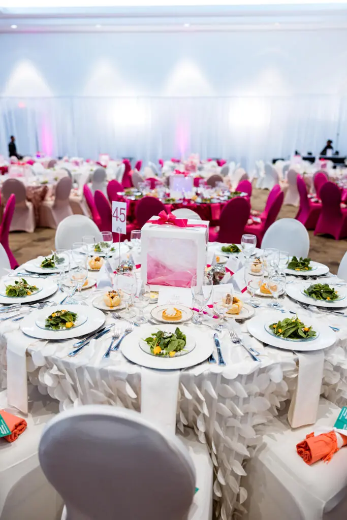 high end corporate events in Houston pink luncheon décor with elegant table settings
