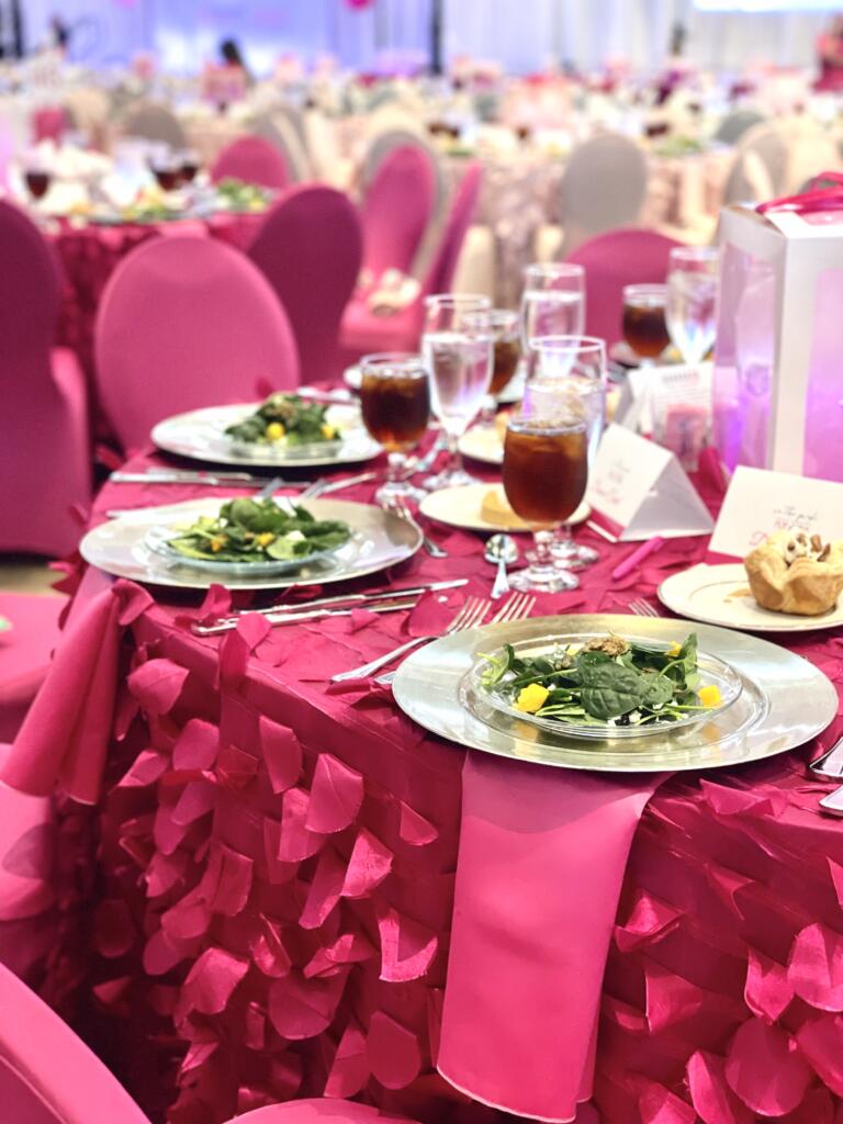 Chair cover rentals Houston banquet with pink spandex chair covers and textured linens