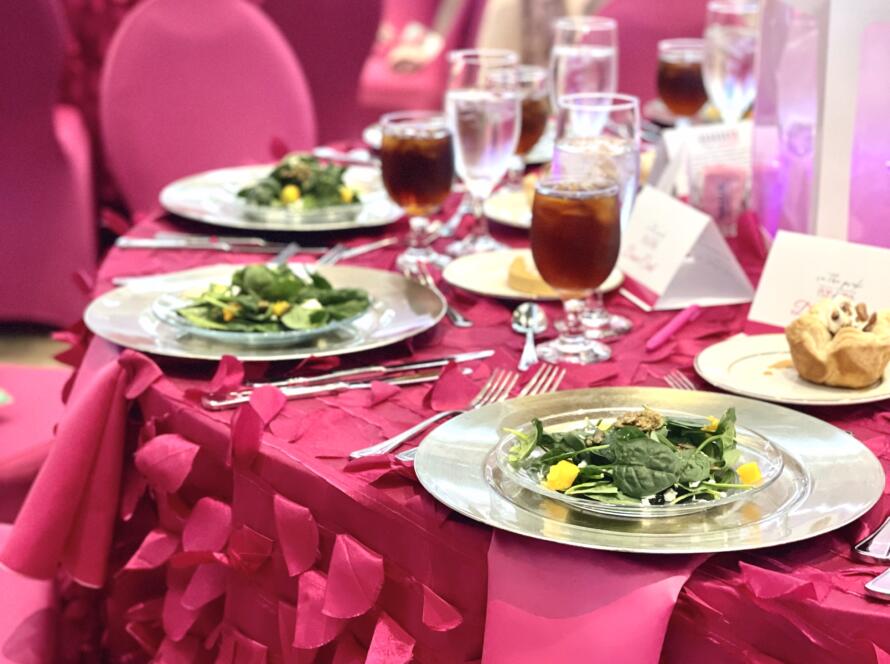 Chair cover rentals Houston banquet with pink spandex chair covers and textured linens