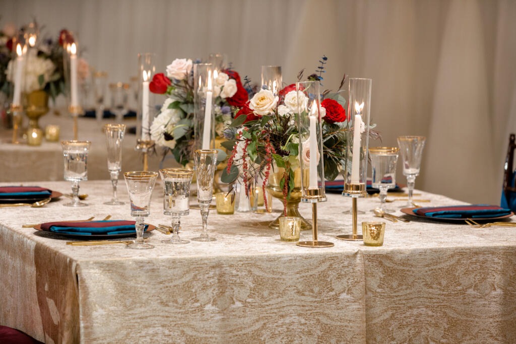 event table layout with rectangular and round tables in a Houston wedding venue