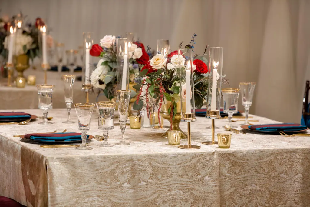 event table layout with rectangular and round tables in a Houston wedding venue