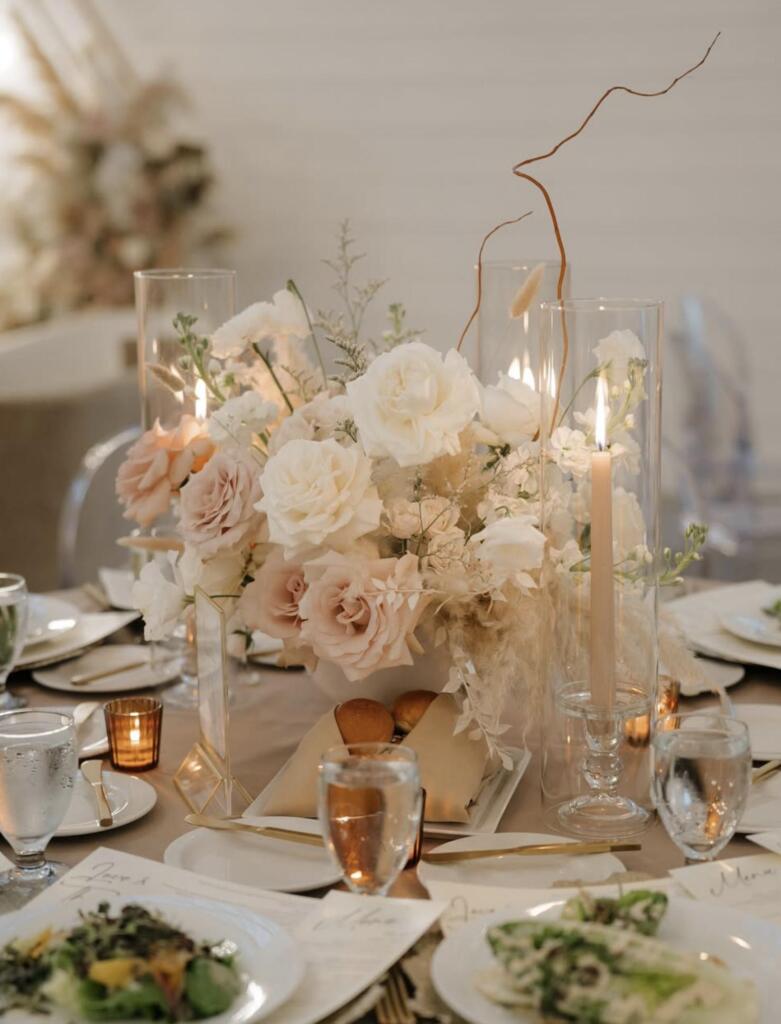 Elegant Wedding Floral Centerpiece With Candlelight
