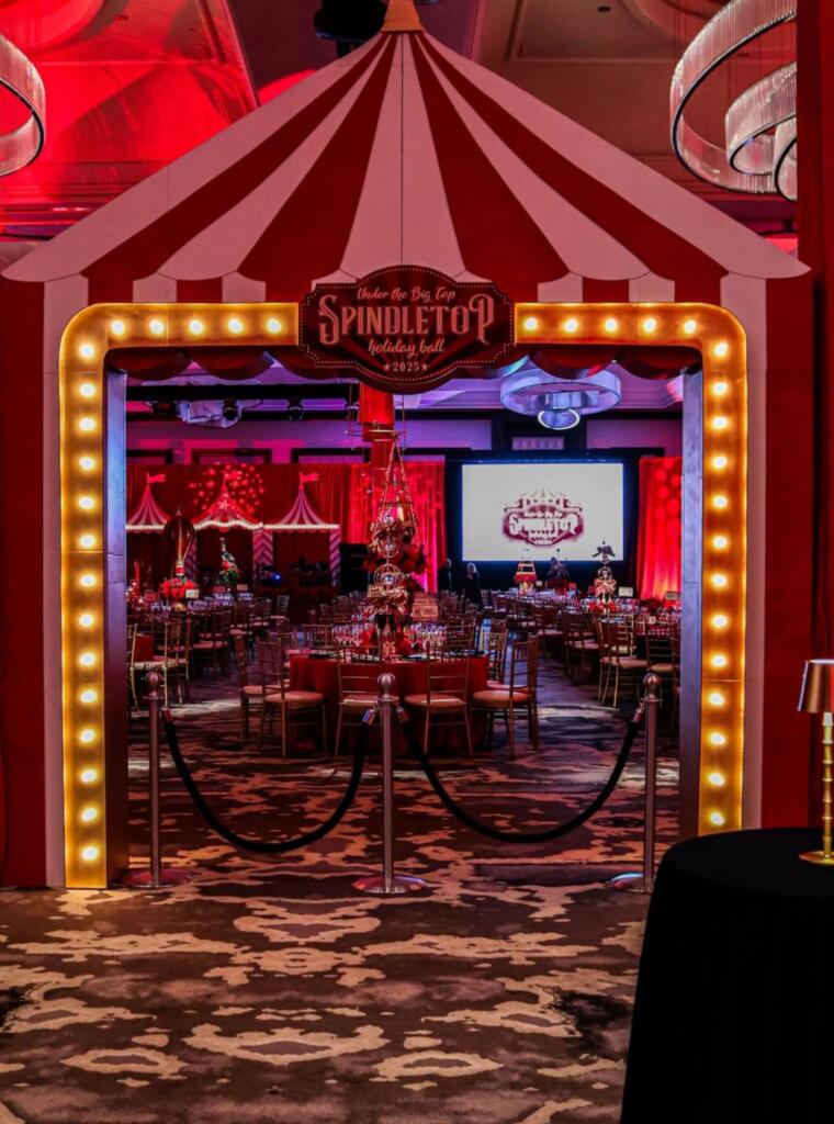 Circus-themed corporate event showcasing event rentals cost Houston planners consider when budgeting for large-scale events