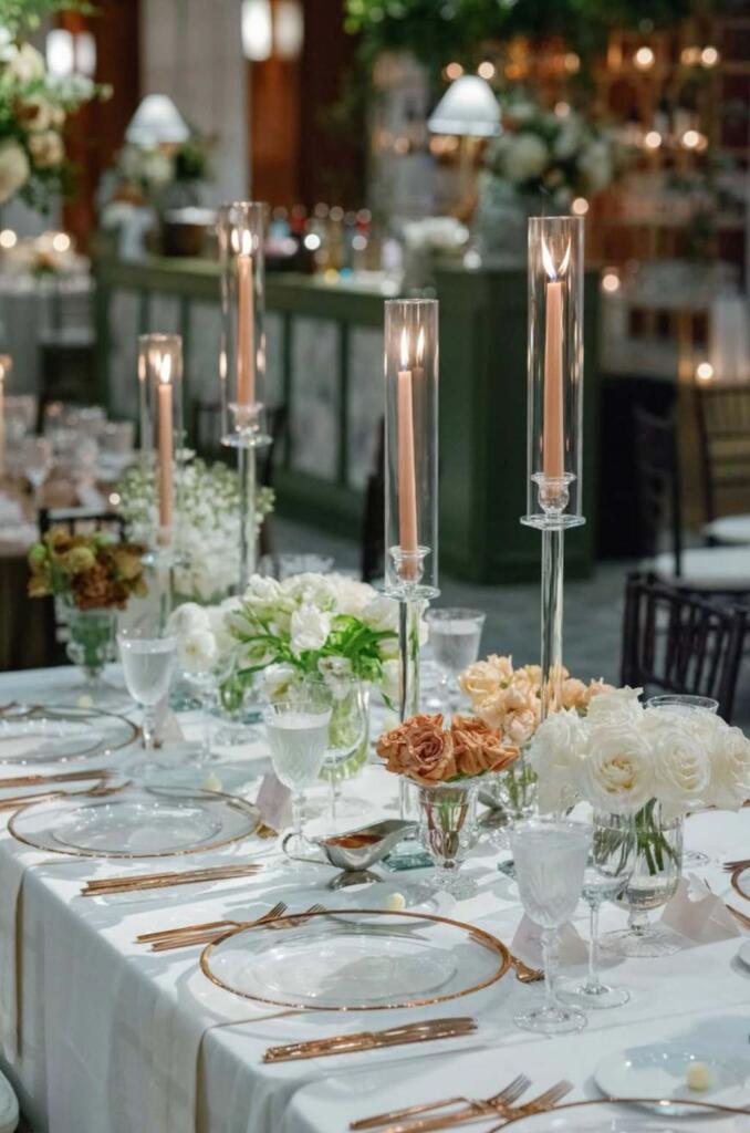 Elegant wedding table setup by an event rental company Houston couples trust, featuring glass chargers, gold flatware, floral centerpieces, and candle décor