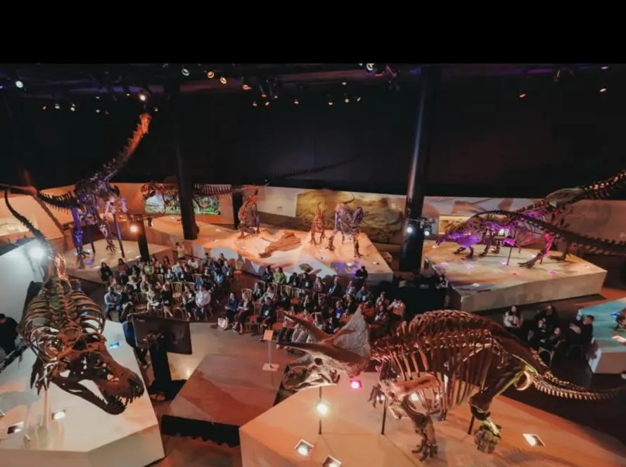 Houston corporate event vendors managing a large conference setup inside a museum venue with staged seating and lighting