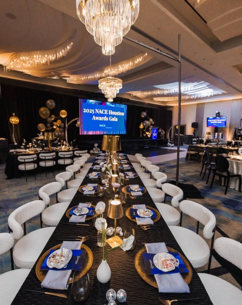 corporate event layout Houston gala banquet tables stage guest flow