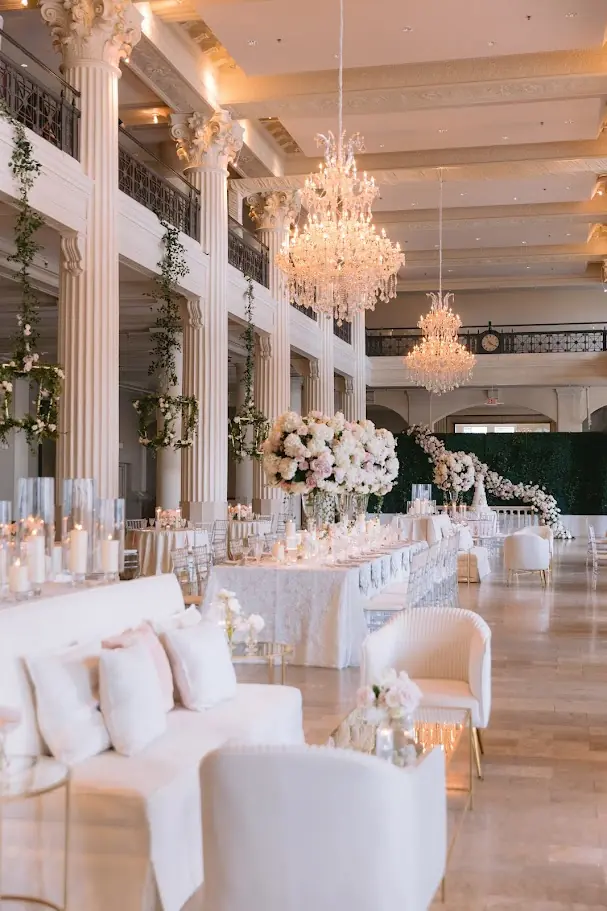 Luxury event rentals Houston lounge seating and elegant reception layout inside upscale ballroom venue